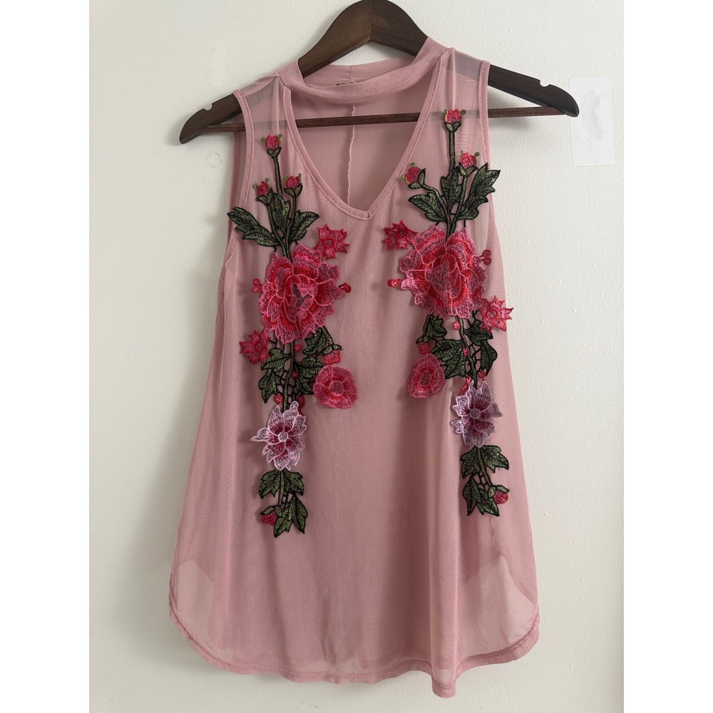 Minette Pink Mesh Sleeveless Top Floral Embroidered Choker Neck V-Neck